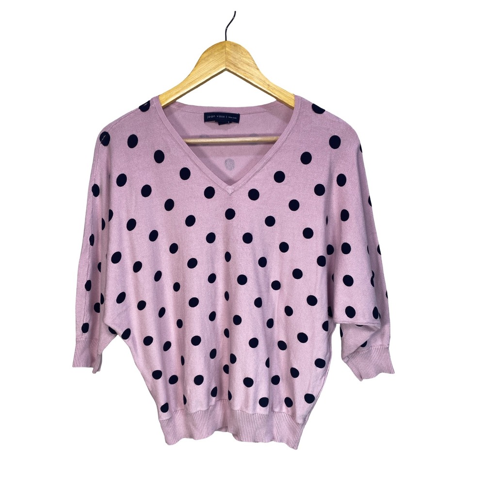 Joan Vass New York Pink Polka Dot V-Neck Dolman Sleeve Sweater Small Womens